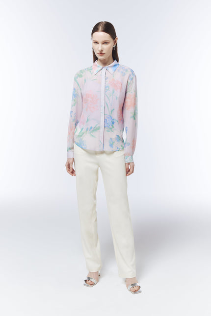 SOUR FIGS floral blouse with pointed collar, long sleeves, concealed placket and matching lilac slip top.