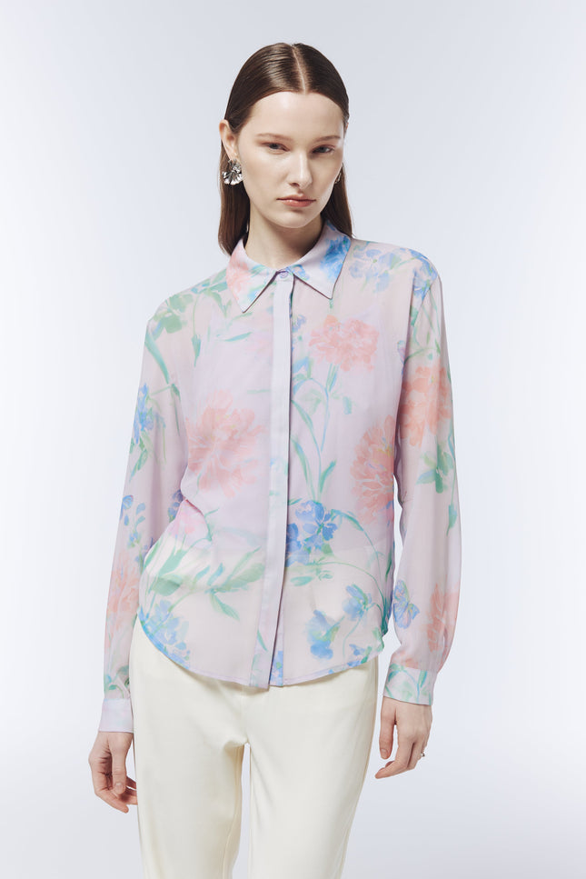 SOUR FIGS pastel lilac blouse featuring watercolour wildflowers, blue butterflies and a coordinating slip top.