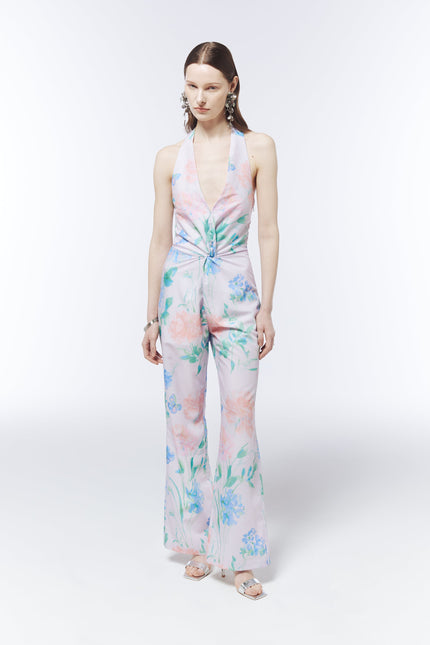SOUR FIGS Watercolour Wildflower Halterneck Jumpsuit in Petal Mist Lilac with wide-leg trousers and open back.