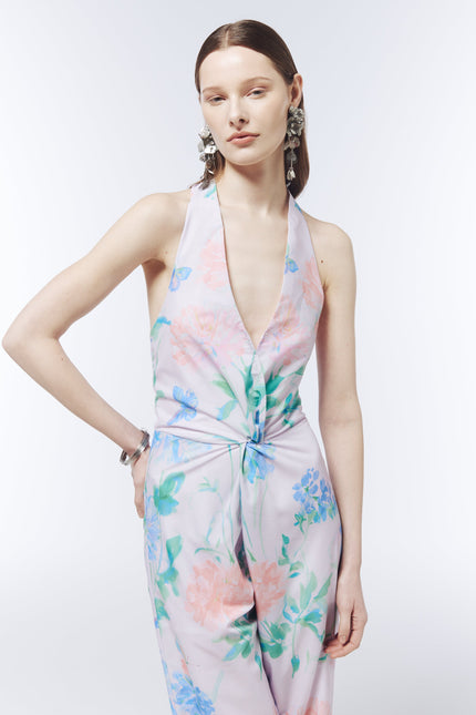 SOUR FIGS open-back halterneck jumpsuit with tie-neck detail and fluid full-length trousers.