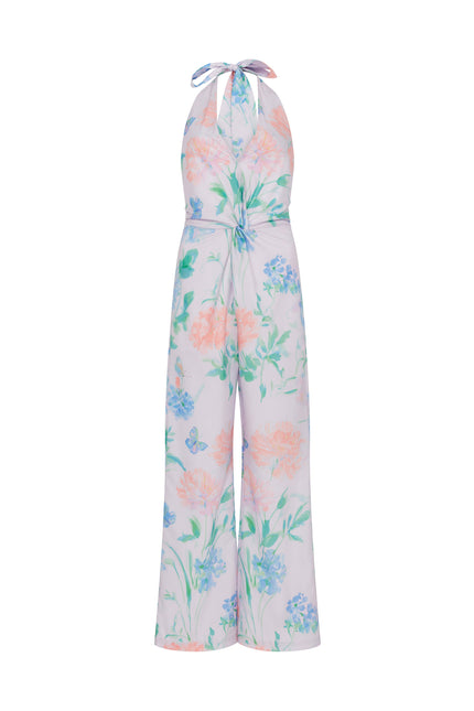 SOUR FIGS wedding guest jumpsuit in lilac floral print with deep V neckline and elegant wide-leg cut.