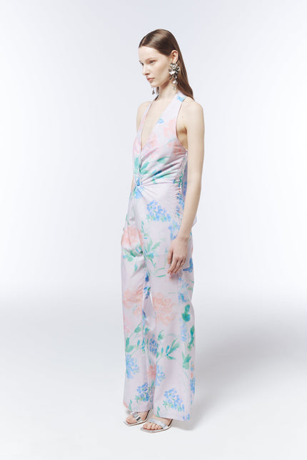 SOUR FIGS wide-leg occasion jumpsuit in Petal Mist Lilac with watercolour wildflowers and soft botanical motifs.