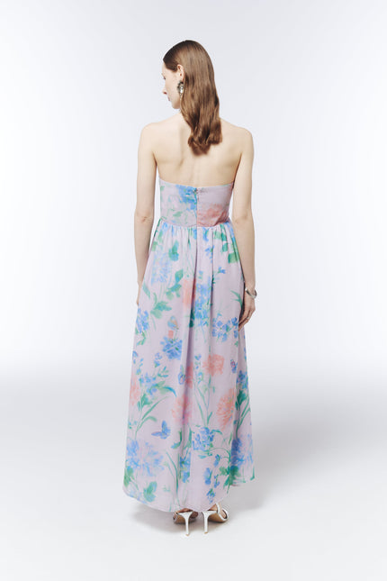 Elegant wedding guest maxi dress in lilac watercolour floral print from SOUR FIGS.