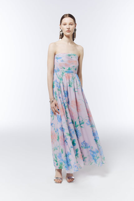 SOUR FIGS Watercolour Wildflower Strapless Maxi Dress in Petal Mist Lilac with pastel floral print and pleated bodice.