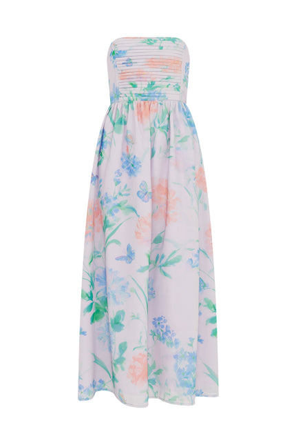 Strapless occasion dress with botanical print and full-length silhouette in Petal Mist Lilac.