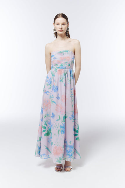 Floral strapless maxi dress in soft lilac featuring watercolour wildflowers and butterflies by SOUR FIGS.