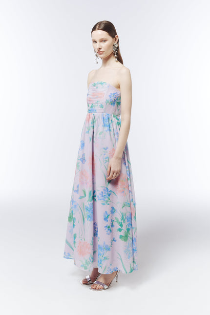 Romantic pastel floral maxi dress with gathered waist and flowing skirt by SOUR FIGS.