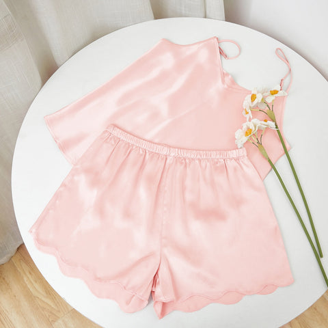 Soft Strokes Silk | Dusty Rose Camisole and Scalloped Shorts Pyjamas Set