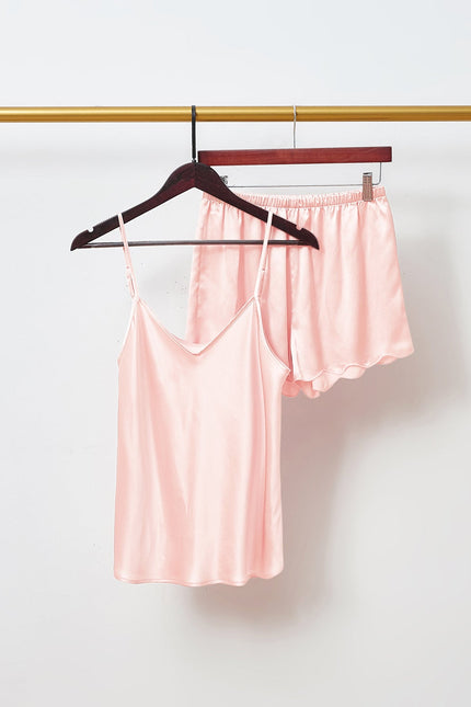 Soft Strokes Silk | Dusty Rose Camisole and Scalloped Shorts Pyjamas Set