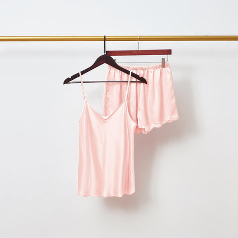 Soft Strokes Silk | Dusty Rose Camisole and Scalloped Shorts Pyjamas Set