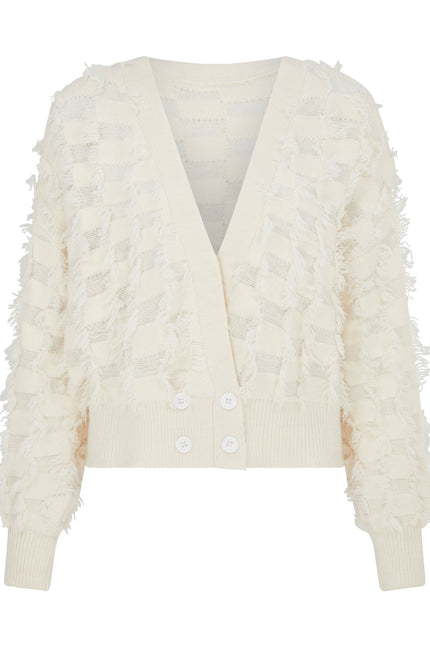 SOUR FIGS Fringed Checkerboard Cardigan in White