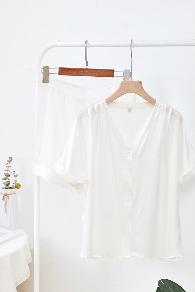 Soft Strokes Silk | Pearl White Soar Top and Shorts Pyjamas Set