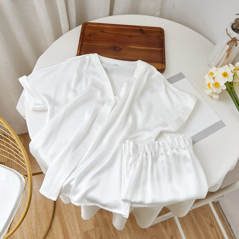 Soft Strokes Silk | Pearl White Soar Top and Shorts Pyjamas Set
