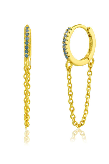 White background shot of Turquoise Chained Huggies Earrings by arvino.22kt Gold plated Earrings