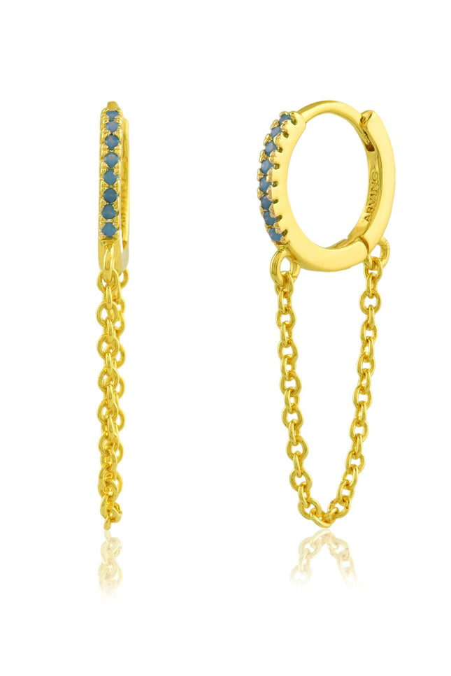 White background shot of Turquoise Chained Huggies Earrings by arvino.22kt Gold plated Earrings