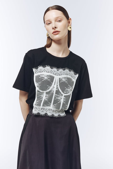 SOUR FIGS statement black T-shirt with sheer white bustier appliqué for elevated everyday styling