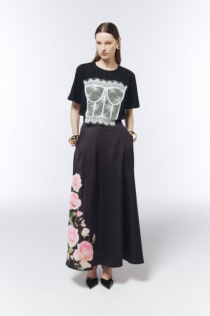 SOUR FIGS White Lace Corset Illusion T-Shirt in Black styled with a floral maxi skirt