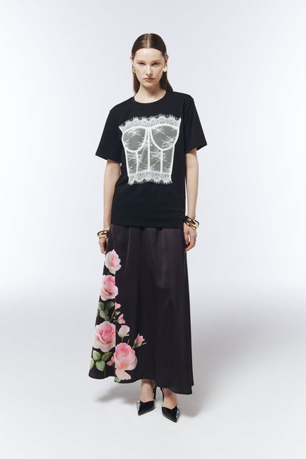 SOUR FIGS black crew neck T-shirt with white lace corset illusion and eyelash trim