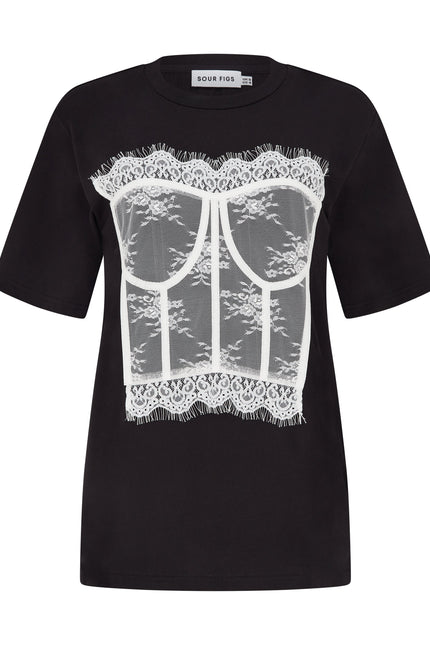 SOUR FIGS White Lace Corset Illusion T-Shirt in Black with sheer white lace bustier appliqué