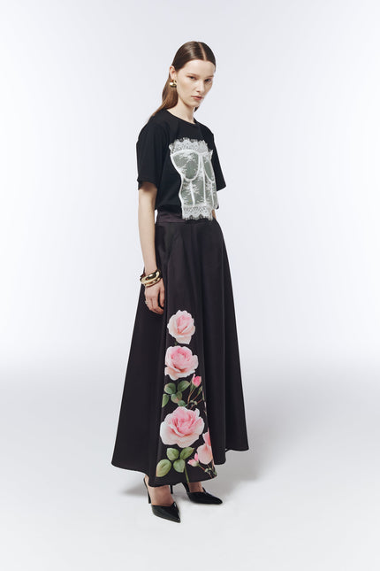 SOUR FIGS monochrome black T-shirt with white lingerie-inspired lace corset detailing
