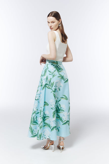 SOUR FIGS Sky Mist Blue skirt featuring white lilac blossoms, green stems and a clean waistband.