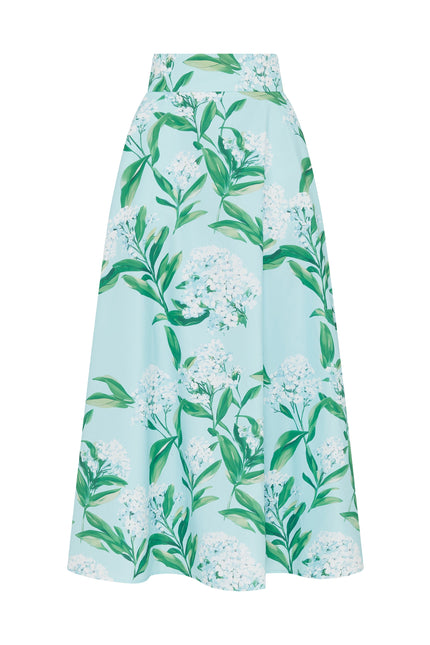 SOUR FIGS summer occasion skirt with white lilac print and softly structured A-line shape.