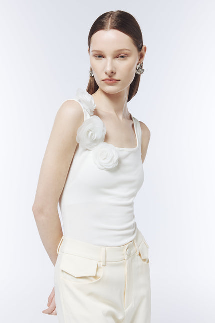 SOUR FIGS White Rose-Appliqué Square-Neck Tank Top in Ivory White with sculptural floral details.