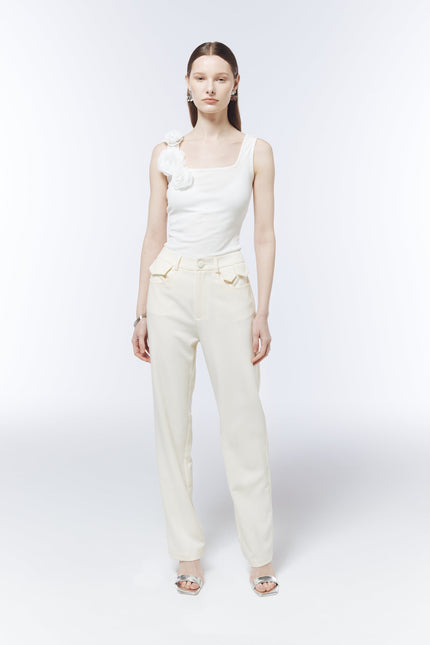 SOUR FIGS Ivory White square-neck tank top with three dimensional rose appliqué.