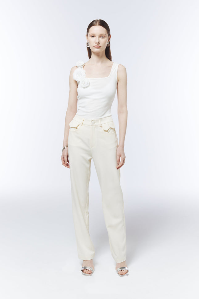 SOUR FIGS Ivory White square-neck tank top with three dimensional rose appliqué.