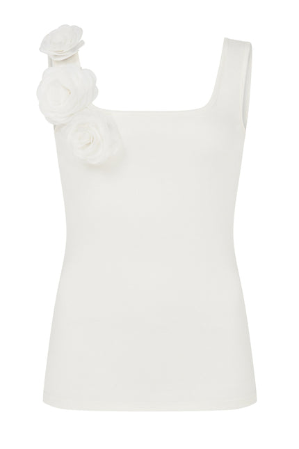 SOUR FIGS romantic ribbed tank top with wide straps and white rose embellishment.