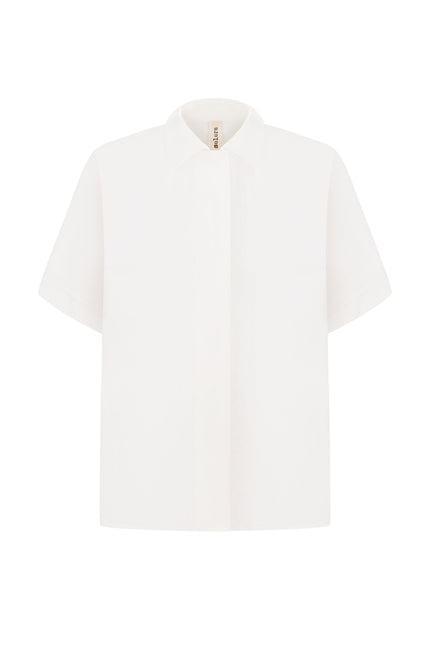 A white, short-sleeved men's shirt with a hidden bar and a button-up neck.