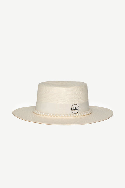 GIODORO | Ixonio White Straw Canotier Hat with Pearls
