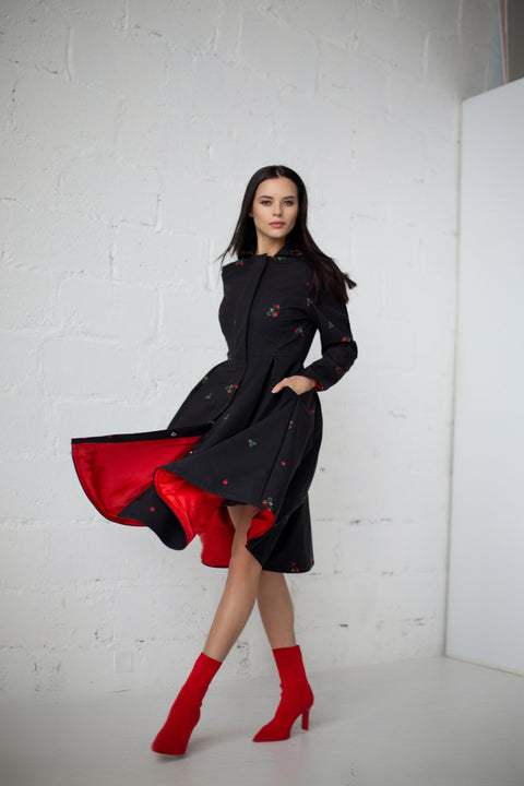 RainSisters | Black Fitted Coat with Pleated Skirt and Strawberry Print 'Wild Strawberry'