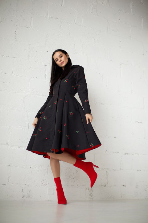 RainSisters | Black Fitted Coat with Pleated Skirt and Strawberry Print 'Wild Strawberry'