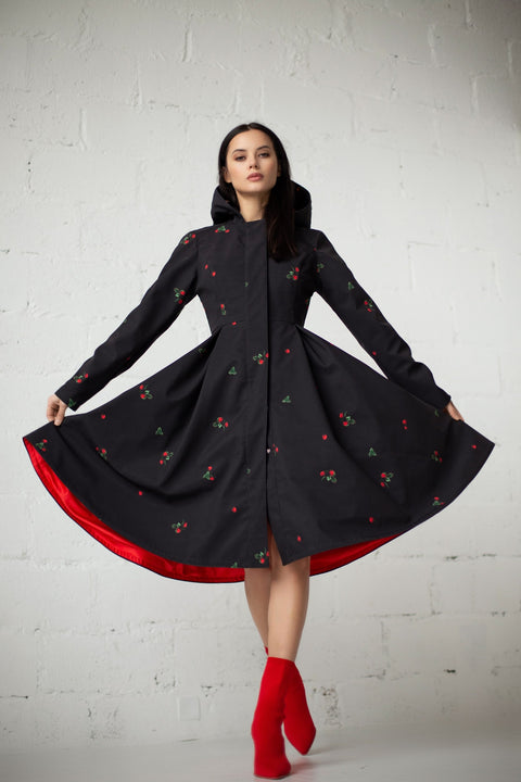 RainSisters | Black Fitted Coat with Pleated Skirt and Strawberry Print 'Wild Strawberry'