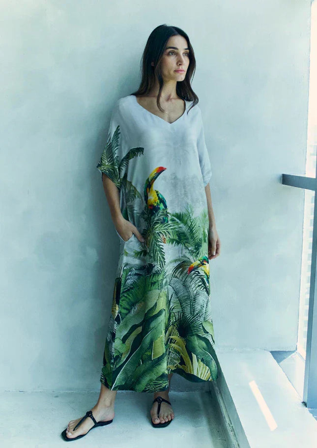 Wild Wings Bird In The Jungle Long Kaftan With Side Slits