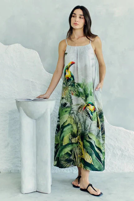 Wild Wings Bird In The Jungle Spaghetti Strap Maxi Dress