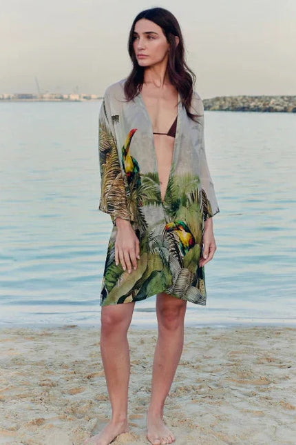 Wild Wings Bird In The Jungle Printed Short Kimono