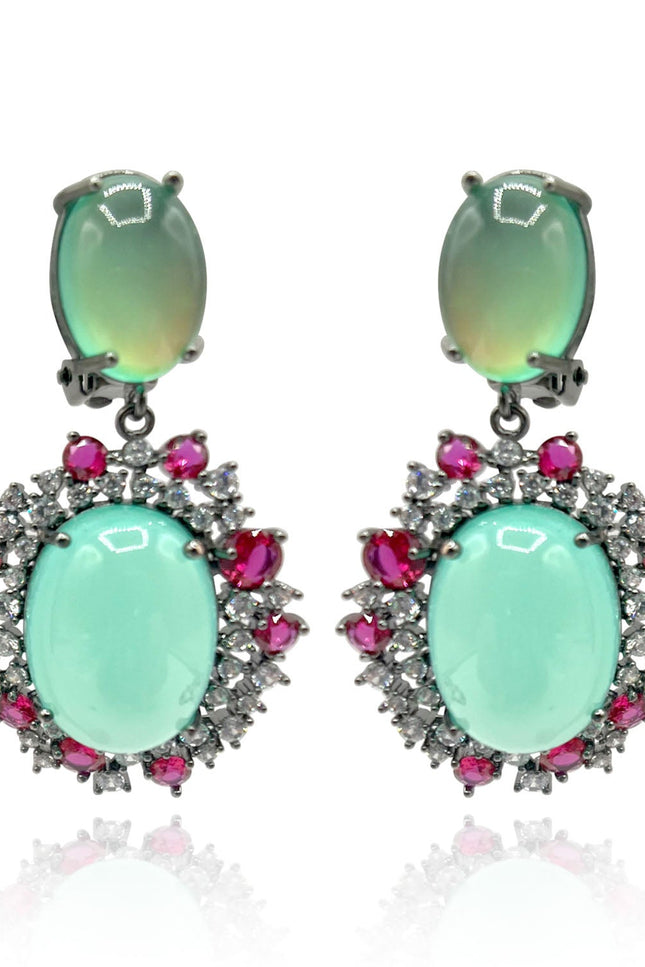 Michael Nash Jewelry | Amedea Black Rhodium Earrings With Green Opal Glass, Pink Ruby, And Clear Crystal