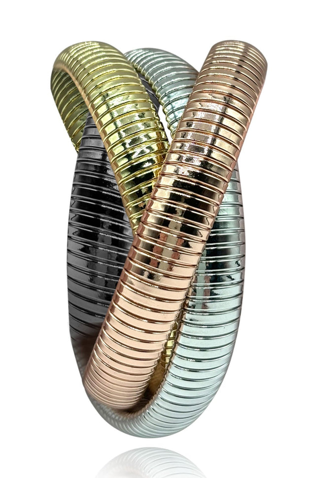 Michael Nash Jewelry | Elisabeth Triple Strand Cobra Bracelet: Rose Gold, Gold, And Silver Plated