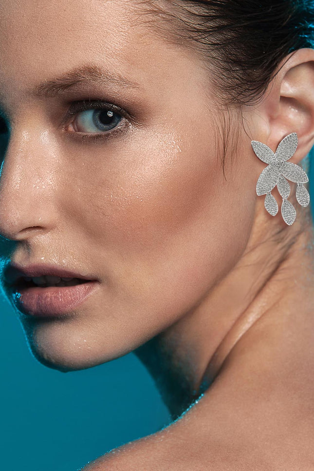 Michael Nash Jewelry | Claudette Micro Pave Crystal Petal Earrings In Rhodium-Plated Brass