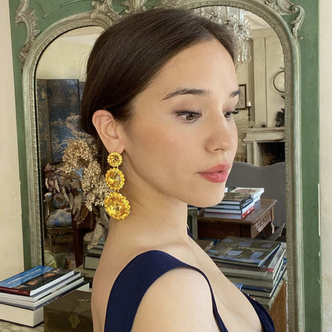 Michael Nash Jewelry | Triple Round Crystal Topaz Drop Earrings Surrounded By Round Topaz Stones