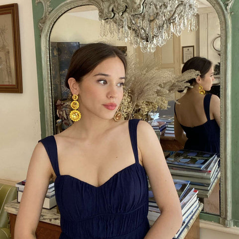 Michael Nash Jewelry | Triple Round Crystal Topaz Drop Earrings Surrounded By Round Topaz Stones