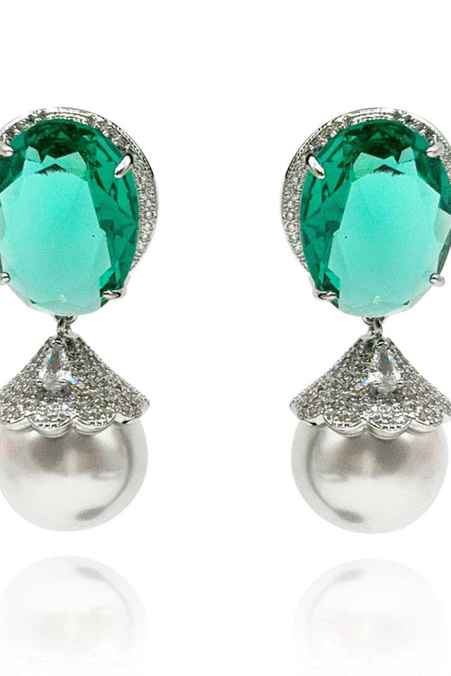 Michael Nash Jewelry | Giorgia Oval Emerald Cubic Zirconium Earrings With Glass Pearl Drop Earrings