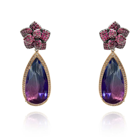 Michael Nash Jewelry | Ruby Cubic Zirconium Flower With Elongated Amethyst Cubic Zirconium Pear Drop Earrings