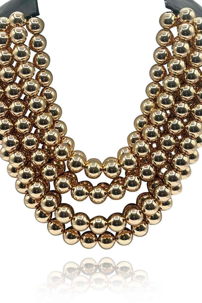 Michael Nash Jewelry | Isadora Multi-Strand Gold-Plated Resin Bead Necklace With Black Vegan Leather Clasp