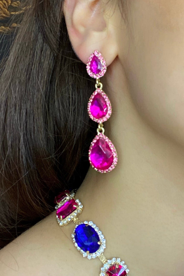 Michael Nash Jewelry | Giuseppa Triple Pear Shape Fuschia Glass Drop Earrings