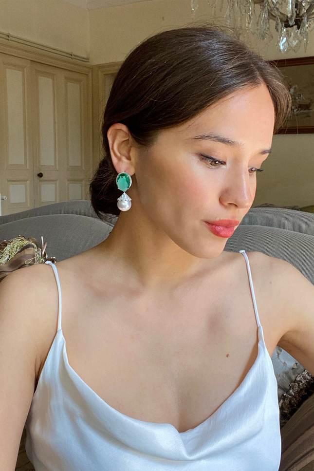 Michael Nash Jewelry | Giorgia Oval Emerald Cubic Zirconium Earrings With Glass Pearl Drop Earrings