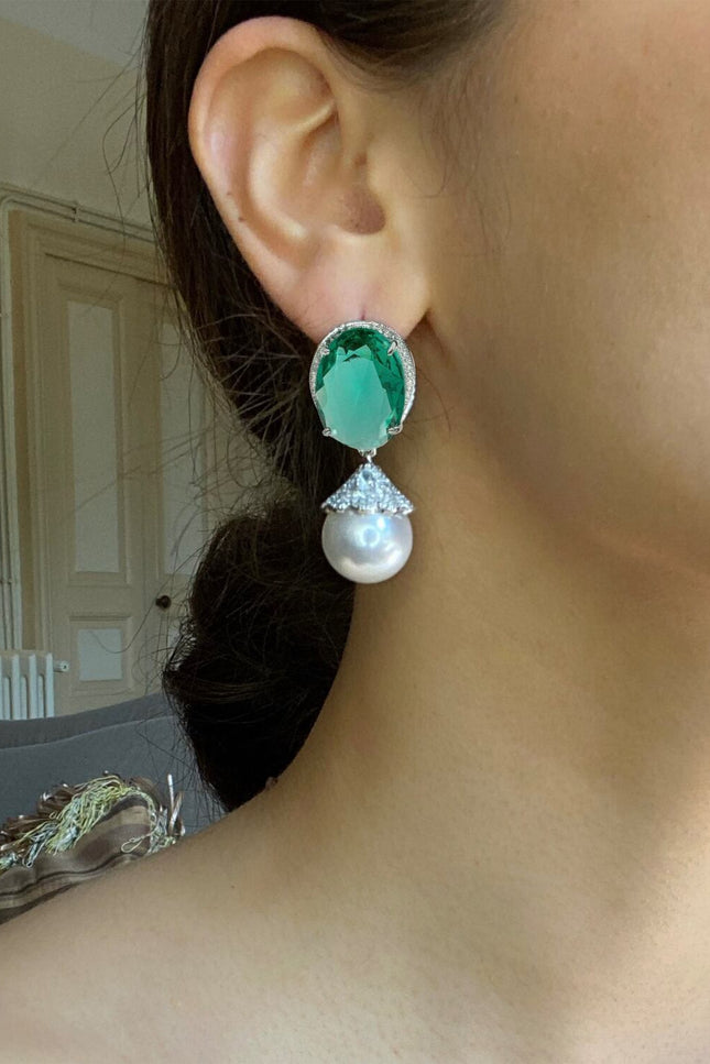 Michael Nash Jewelry | Giorgia Oval Emerald Cubic Zirconium Earrings With Glass Pearl Drop Earrings