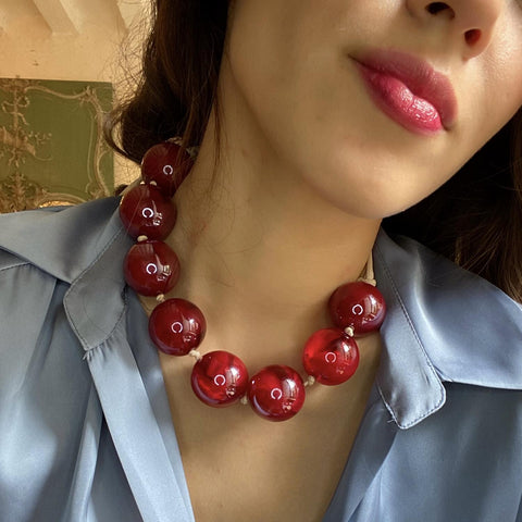 Michael Nash Jewelry | Ruby-Burgundy Marbled Knotted Resin Bead Necklace